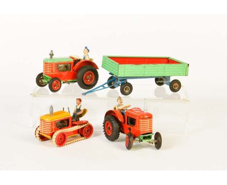 Gama, 2x Traktor, Walze + Anhänger, W.-Germany, 10-12 cm, Blech,  LM, Z 2-3, Gama, 2x Tractor, Roller + Trailer, W.-Germany, 