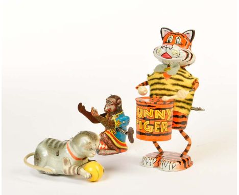 Marx, Köhler u.a., Funny Tiger, Affe + Katze, USA + US Z. Germany, 8-17 cm, Blech, UW 2x ok + hakt 1x, LM, 1 Trommelstab fehl