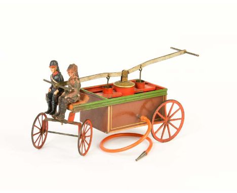 Bing, Feuerwehr mit Pumpe + Schlauch, Germany VK, 27 cm, Blech, LM, 1 Figur farblich ausgebessert, sonst sehr guter Zustand, 