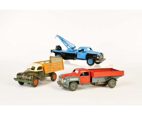 Gama + Vebe, 2 Liefer +  Kranwagen, W.-Germany + France, 23 cm, Blech, LM, teilw. farblich ausgebessert, Z 3, Gama + Vebe, 2 