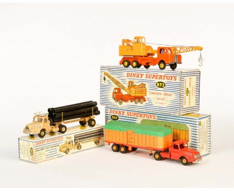 Dinky Supertoys, LKW mit Rohren, Kranwagen + LKW mit Planenauflieger, France, Druckguss, min. LM, Okt (teilw restauriert), te