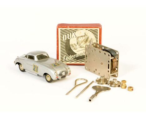 Dux, Rennwagen + Federmotor, 13 + 5,5x7,5 cm, Blech, Antrieb  ok, Okt Z 1, Z 1/2+, Dux, Racing Car +  Engine, tin, drive  ok,