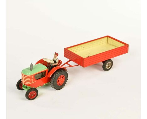 Gama, Traktor mit 1-achsigem Anhänger, W.-Germany, 28 cm, Blech, UW ok, min. LM, Z 1-2, Gama, Tractor with 1-axle Trailer, W.