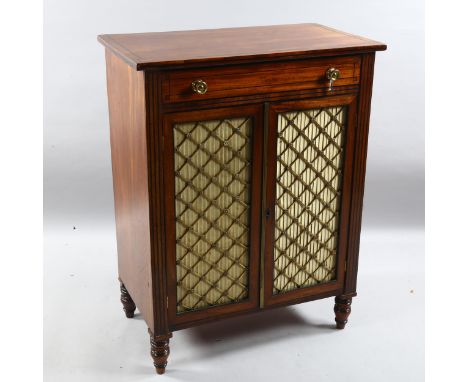 A small Regency mahogany chiffonier, with lattice brass detail on doors, and ebonised insert detail, 1 drawer under and 1 she