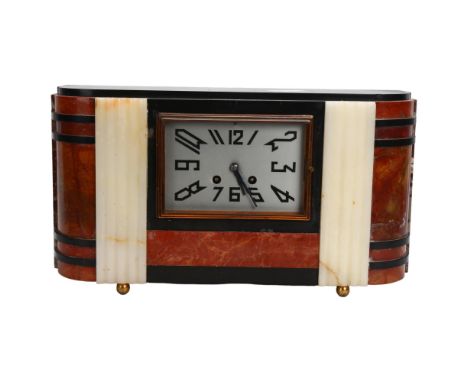 French Art Deco four-colour marble-cased mantel clock, with 8-day striking movement, width 39cm, height 22cm 