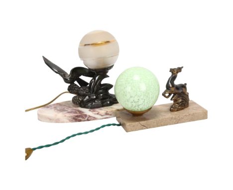 2 French patinated spelter and marble table lamps, with globular glass shades, largest lamp base length 26cmBoth in good work