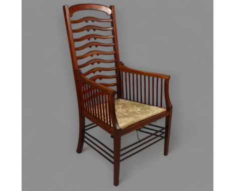 An Edwardian Arts and Crafts mahogany ladder-back armchair with inlaid satinwood banding, seat width 56cmGood solid untouched