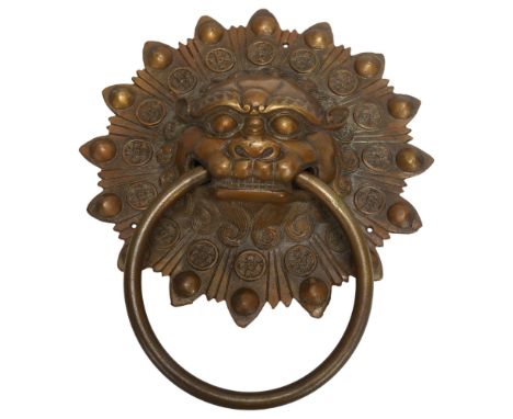 A Chinese dog of fo design brass door knocker, height 26cm 