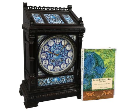 Lewis Foreman Day (1845 - 1910), Victorian Aesthetic Movement mantel clock, ebonised wood with inset hand painted porcelain p