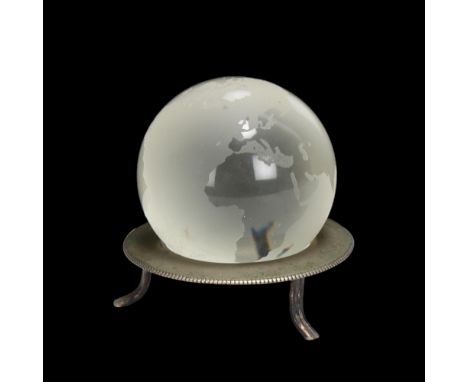 TIFFANY & CO - etched glass globe on plated stand, height 7cm, globe diameter 6cmGlobe has several small surface scratches, p