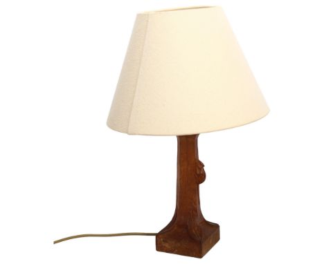 Robert Mouseman Thompson oak table lamp, with carved mouse, modern shade, height including shade 48cm, base height 26cmGood o