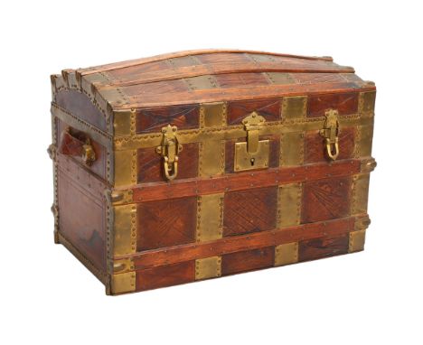 A miniature brass-bound stained wood dome-top novelty box, in the form of a travelling trunk, length 28cmGood untouched condi