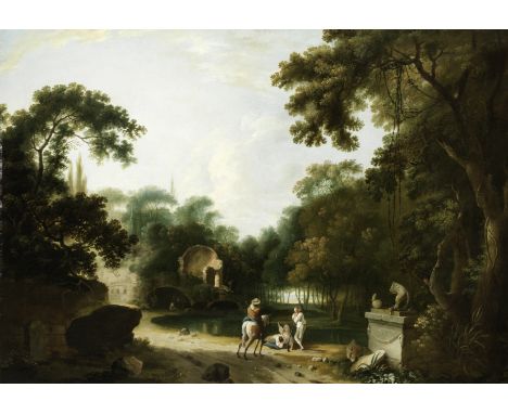 Richard Wilson (Penegoes 1713-1782 Colomendy, Clwyd), and StudioA classical wooded landscape with ruins, a traveller on a pat