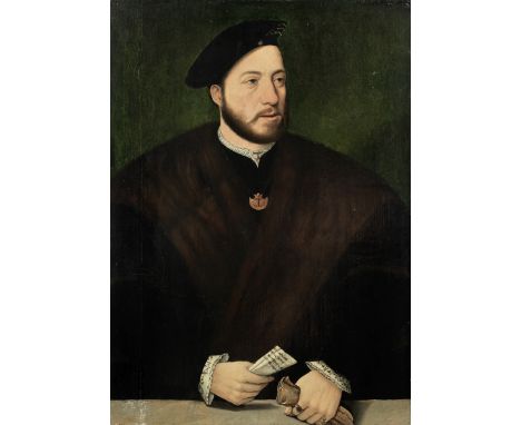 Ambrosius Benson (circa 1495-1550 Bruges)Portrait of a gentleman, half-length, in fur-trimmed robes, holding a letter oil on 