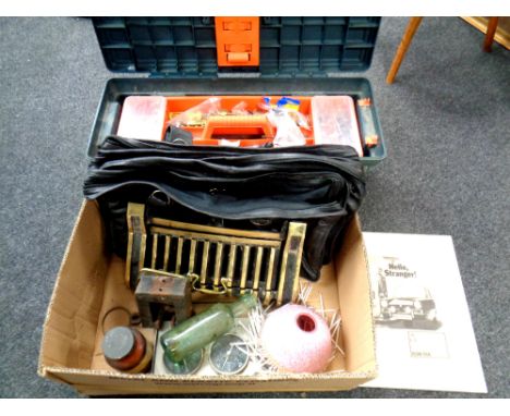 A large plastic toolbox containing tools and hardware together with a further box containing leather case, brass fire front, 