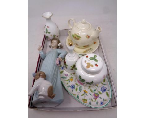 A box containing Nao figure, girl with dog and slipper, two pieces of Wedgwood wild strawberry cabinet china, a Royal Albert 