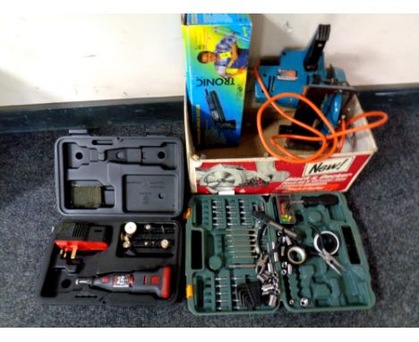 A box containing power tools to include Black and Decker hand saw, a Dremel multi tool, a Tronic sander, together with a case