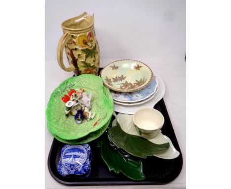 A tray containing assorted ceramics to include china dolly tops, Carlton ware dishes, Maling dish, a Woods Indian Tree vase  