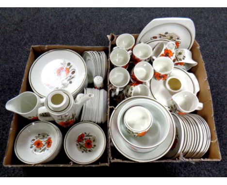 Two boxes containing a large quantity of J and G Meakin studio pottery poppy patterned dinner and tea ware 