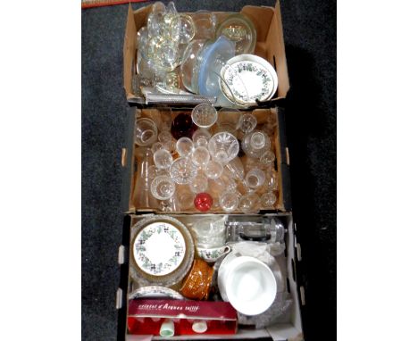 Three boxes containing assorted ceramics and glassware to include Royal Worcester Livinia plates, cafetiere, drinking glasses