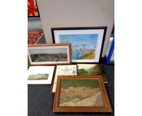 Six assorted pictures to include framed Van Gogh print, unframed oil on canvas of a pond, a black and white photograph, Newca