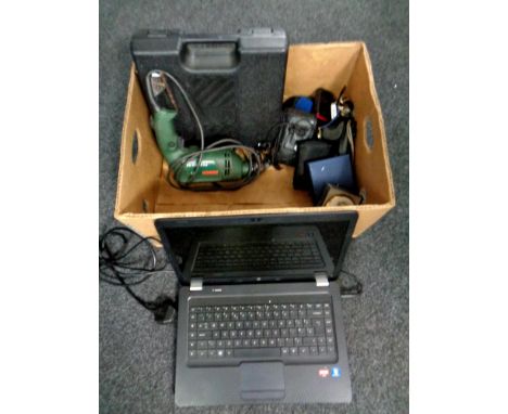 A box containing miscellaneous to include power tools, HP laptop with lead, wristwatches, cameras etc 