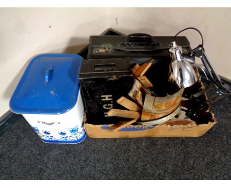 A box containing leather case, angle poise lamp, oak coopered barrel (as found), a metal deed box together with an aluminium 