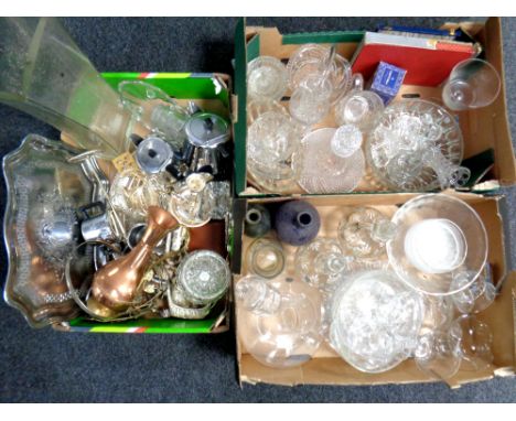 Three boxes containing a large quantity of assorted glassware, vintage bottles, metalware, four piece tea service 