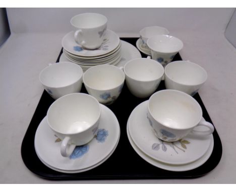 A tray containing a 23 piece Wedgwood ice rose tea service together with three further pieces of matching cabinet china  