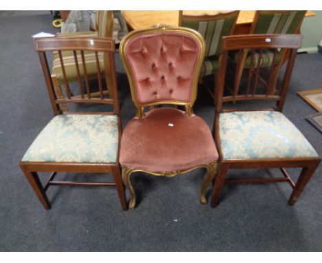 A French gilt dressing table chair upholstered in a pink button dralon together with a further pair of antique mahogany dinin