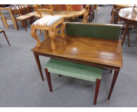 A folding card table together with a green dralon upholstered dressing table stool, a pine footstool and a coffee table  