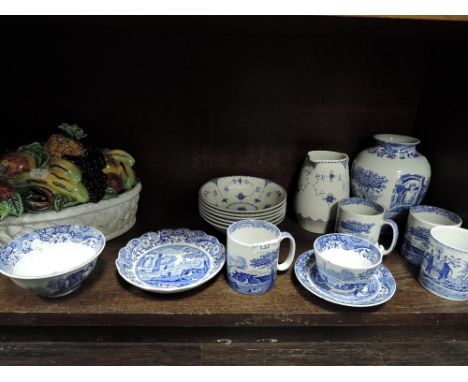 A selection of blue and white crockery including Spode and masons.