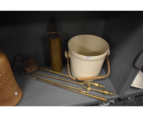 A selection of vintage fire side items and a brass military ammunition shell