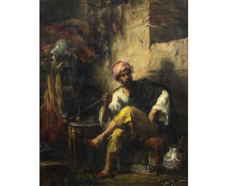 Henri Léopold LEVY (1840-1904).Portrait d’homme oriental au turban, fumant.Huile sur toile, signée en bas à gauche.54 x 44 cm