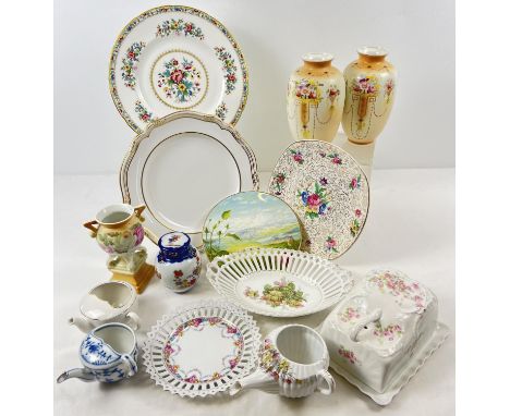 A box of assorted antique &amp; vintage ceramics, to include cheese dish, plates, feeding cups and vases. Lot includes: a pai