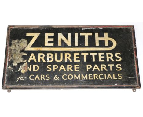 A 1920/30s Painted Wooden Car Sign ''Zenith Carburetors and Spare Parts for Cars and Commercials'', mounted in a pine frame, 