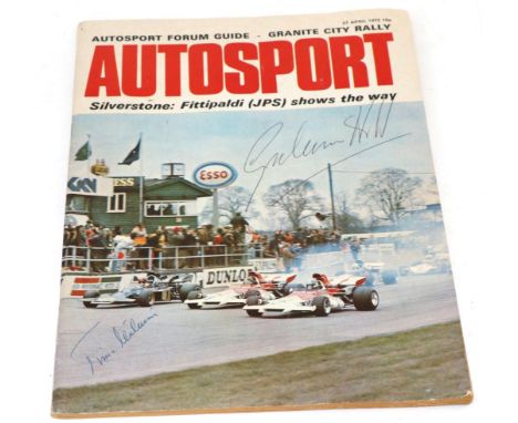 A Signed Copy of Autosport 27 April 1972, Silverstone Fittipaldi (JPS shows the way), signed by Graham Hill and Timo Makinen 