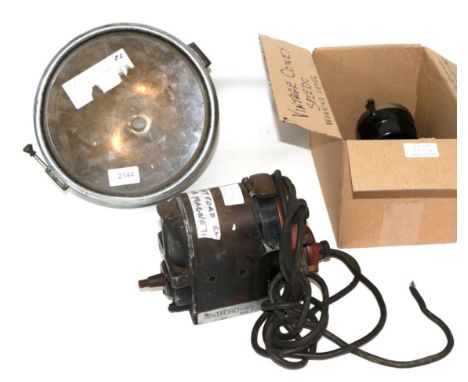 A C.A. Vandervell 8'' Chrome Headlamp; A Vintage Cowie Speedometer in working order with front wheel fitting complete set of 