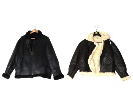 A Gent's Brown Leather and Sheepskin-Lined Flying Jacket, size large; together with A Black Leather and Sheepskin-Lined Flyin