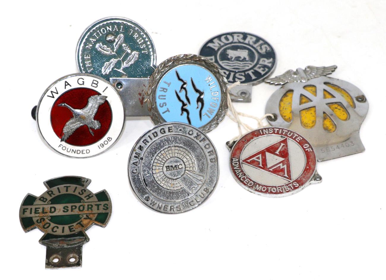 Eight Chrome Plated Car Badges, to include a Wagbi red enamel badge, a