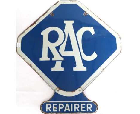 An ''RAC Repairer'' Blue Enamel Double-Sided Advertising Sign, of lozenge shaped form, two drill holes, the base stamped ROYA