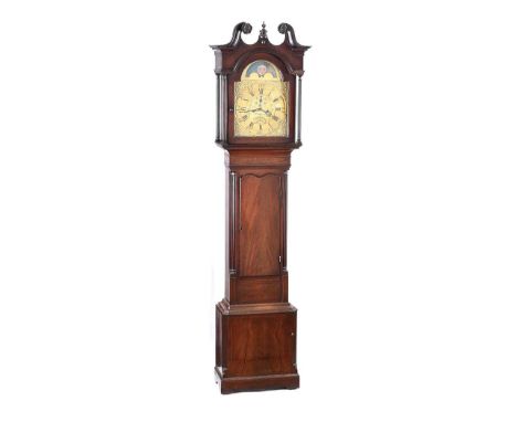 MAHOGANY LONGCASE CLOCK WITH BRASS MOON ROLLER DIAL OF 17 X 13 INCHES. ROBERT JOHNSON COMBER. COMPLETE WITH WEIGHTS & PENDULU