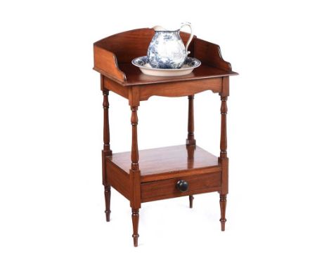 VICTORIAN MAHOGANY GALLERY BACK WASHSTAND FITTED WITH ONE DRAWER WITH TURNED HANDLE. RAISED ON FOUR TURNED LEGS.COMPLETE WITH