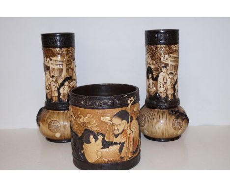 Bretby garniture set with Oriental pattern, impressed marks to underside, hairline to planter