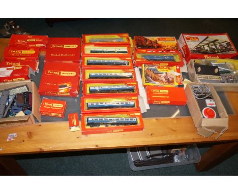 Group of Hornby Tri-ang, to include carriages, large station, engine shed, quantity of track and further accessories