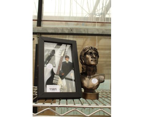 A FRAMED MINIATURE GUITAR WITH JOHN LENON PRINT AND A SMALL BUST OF JOHN LENNON