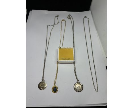 FOUR SILVER NECKLACES ONE GOLD PLATED WITH AN AUSTRALIAN OPAL, ONE WITH A ST CHRISTOPHER  A QUEEN VICTORAI 3 PENCE AND A CHAI