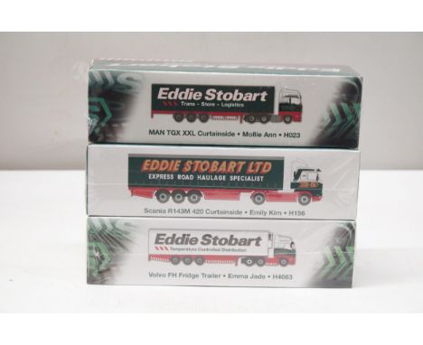 THREE ATLAS EDITIONS EDDIE STOBART SPECIAL EDITION COLLECTOR'S MODELS 1/76 SCALE TO INCLUDE, A VOLVO FRIDGE TRAILER, SCANIA C