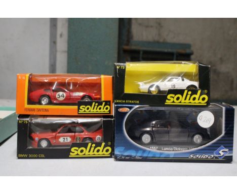 FOUR DIE-CAST SOLIDO CARS TO INCLUDE FERRARI AND LANCIA - ALL AS NEW IN BOXES
