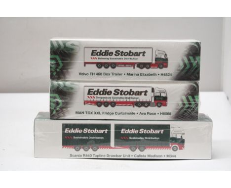 THREE ATLAS EDITIONS EDDIE STOBART SPECIAL EDITION COLLECTOR'S MODELS 1/76 SCALE TO INCLUDE, A SCANIA TOPLINE DRAWBAR UNIT, M